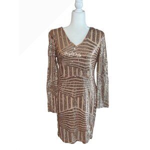 Miss Ord Gold Sequin Bodycon V-Neck Mini Dress L Juniors NYE Hoco Party READ